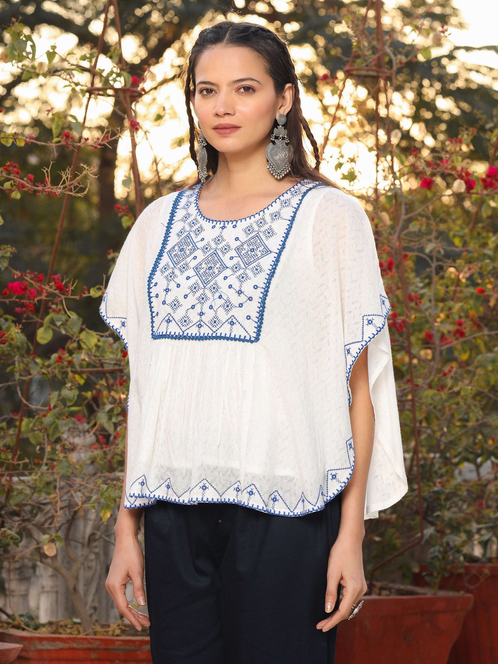 Juniper Women White Viscose Dobby Embroidered Tunic