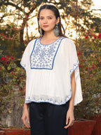 Juniper Women White Viscose Dobby Embroidered Tunic
