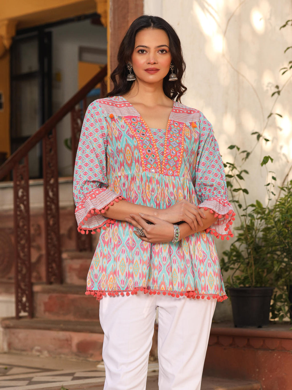 Juniper Women's Blue Embroidered Cotton Voile Peplum Tunic