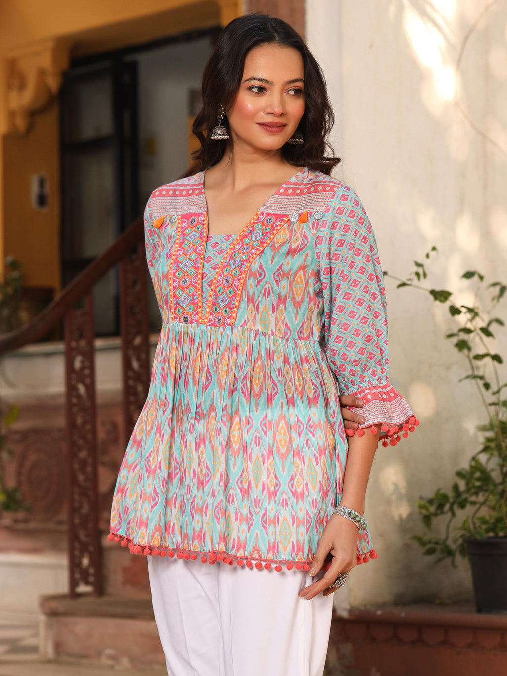 Juniper Women's Blue Embroidered Cotton Voile Peplum Tunic