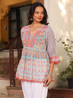 Juniper Women's Blue Embroidered Cotton Voile Peplum Tunic