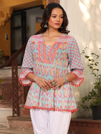 Juniper Women's Blue Embroidered Cotton Voile Peplum Tunic