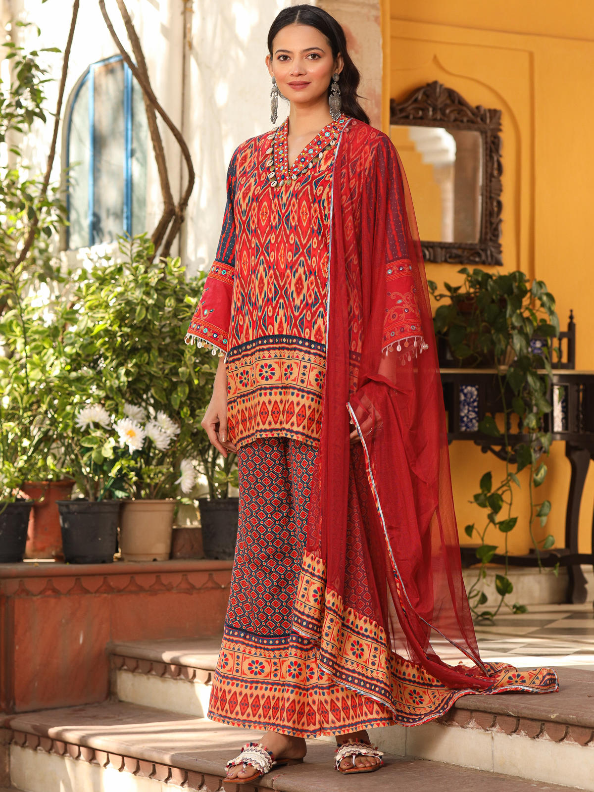Juniper Women's Rust Ikat Printed Cotton Voile Kurta Bell Bottom & Dupatta Set With Coins Kaudis & Mirror Work