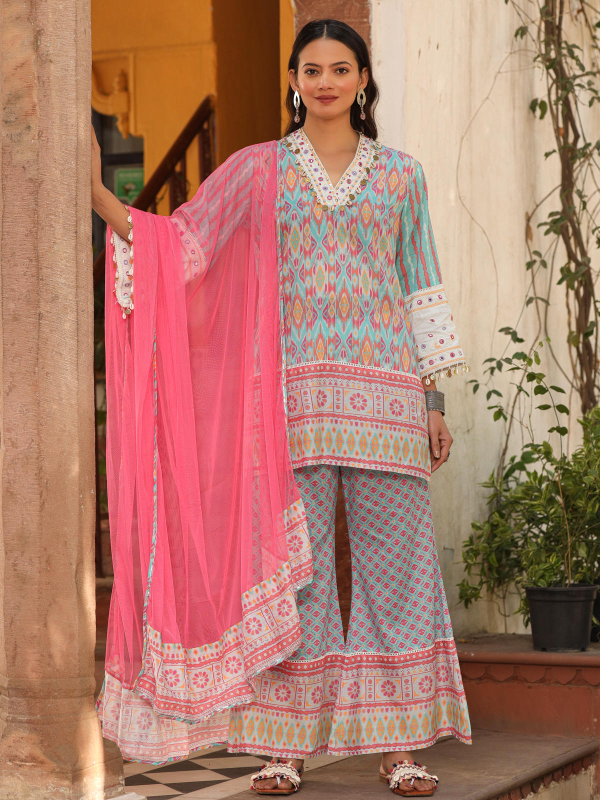 Juniper Women's Sky Blue Ikat Printed Cotton Voile Kurta Bell Bottom & Dupatta Set With Coins Kaudi & Mirror Work