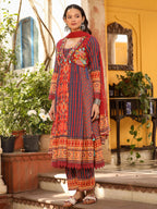 Juniper Women's Rust Pure Cotton Ikat Printed Alia Cut Anarkali Kurta Set With Tassels & Thread Embroidery