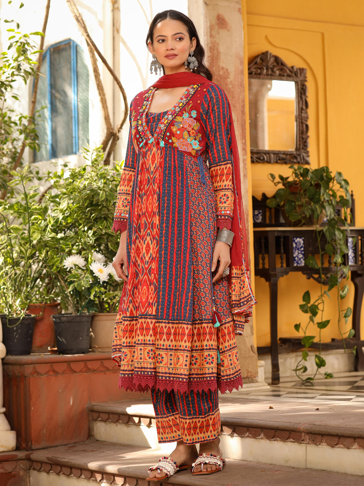 Juniper Women's Rust Pure Cotton Ikat Printed Alia Cut Anarkali Kurta Set With Tassels & Thread Embroidery