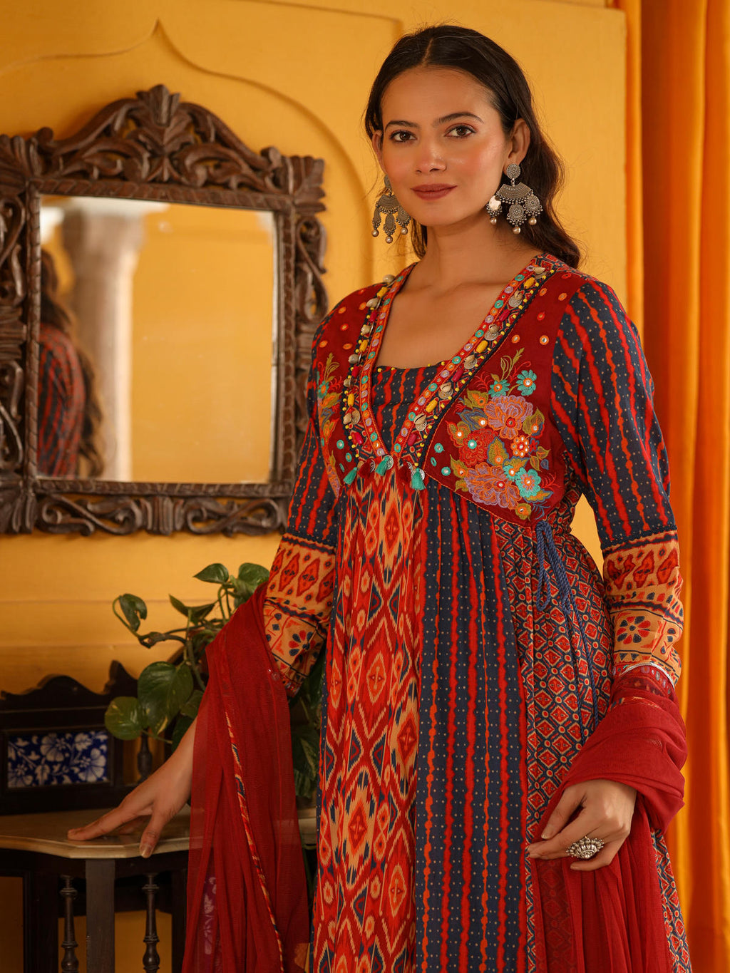 Juniper Women's Rust Pure Cotton Ikat Printed Alia Cut Anarkali Kurta Set With Tassels & Thread Embroidery