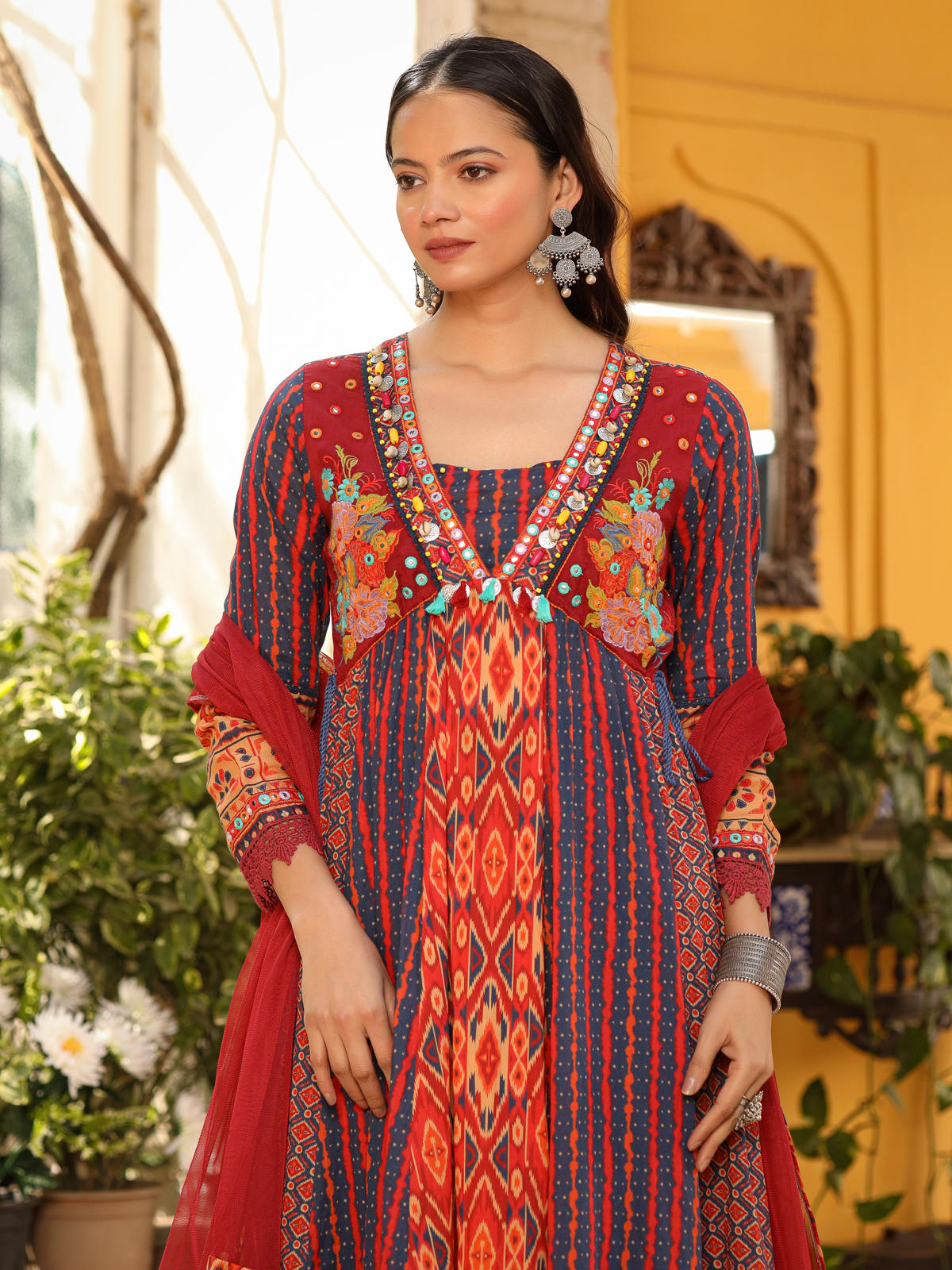 Juniper Women's Rust Pure Cotton Ikat Printed Alia Cut Anarkali Kurta Set With Tassels & Thread Embroidery