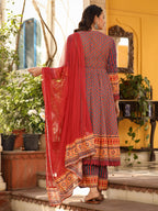 Juniper Women's Rust Pure Cotton Ikat Printed Alia Cut Anarkali Kurta Set With Tassels & Thread Embroidery