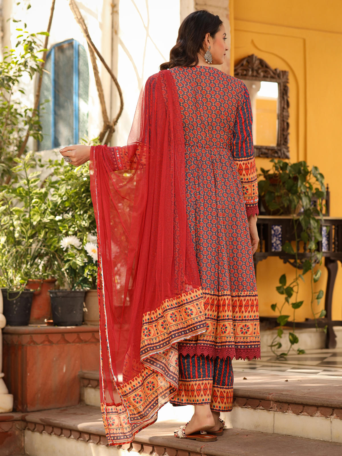 Juniper Women's Rust Pure Cotton Ikat Printed Alia Cut Anarkali Kurta Set With Tassels & Thread Embroidery