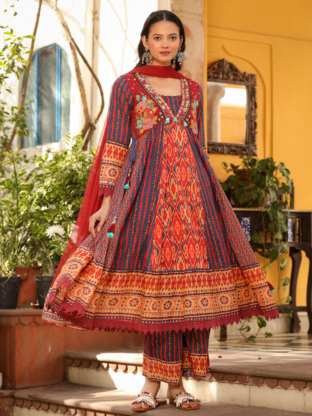 Juniper Women's Rust Pure Cotton Ikat Printed Alia Cut Anarkali Kurta Set With Tassels & Thread Embroidery