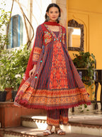 Juniper Women's Rust Pure Cotton Ikat Printed Alia Cut Anarkali Kurta Set With Tassels & Thread Embroidery