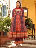 Juniper Women's Rust Pure Cotton Ikat Printed Alia Cut Anarkali Kurta Set With Tassels & Thread Embroidery