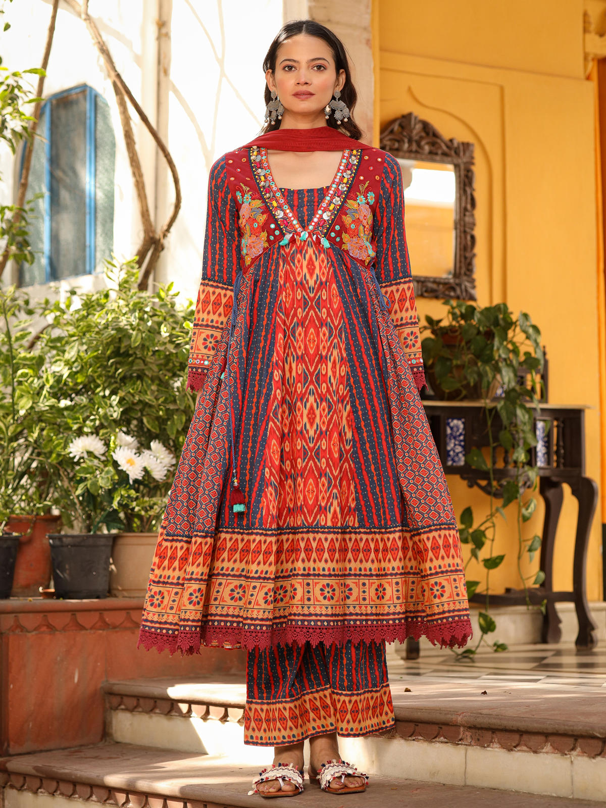 Juniper Women's Rust Pure Cotton Ikat Printed Alia Cut Anarkali Kurta Set With Tassels & Thread Embroidery