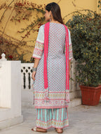 Juniper Sky Blue Cotton Ikat Printed Kurta With Pants And Dupatta Set With Thread Embroidery & Laces - Distacart