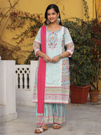 Juniper Sky Blue Cotton Ikat Printed Kurta With Pants And Dupatta Set With Thread Embroidery & Laces - Distacart