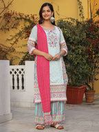 Juniper Sky Blue Cotton Ikat Printed Kurta With Pants And Dupatta Set With Thread Embroidery & Laces - Distacart