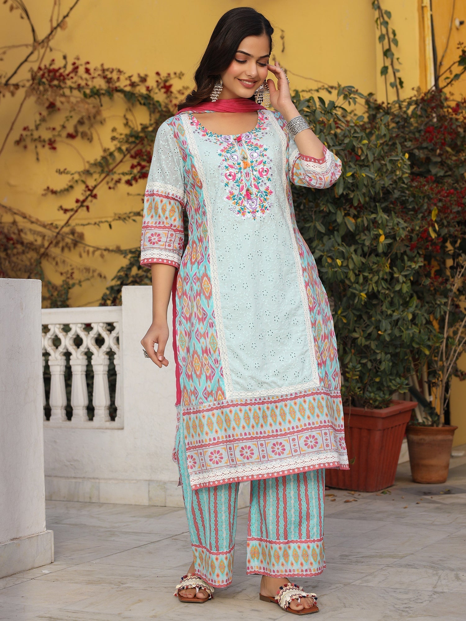 Juniper Sky Blue Cotton Ikat Printed Kurta With Pants And Dupatta Set With Thread Embroidery & Laces - Distacart
