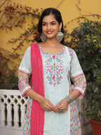 Juniper Sky Blue Cotton Ikat Printed Kurta With Pants And Dupatta Set With Thread Embroidery & Laces - Distacart