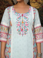 Juniper Sky Blue Cotton Ikat Printed Kurta With Pants And Dupatta Set With Thread Embroidery & Laces - Distacart