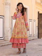 Juniper Women's Green Cotton Ikat Printed Layered Maxi Dress With Thread Embroidery & Dori Tassel Tie-Up At Waist - Distacart