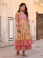 Juniper Women's Green Cotton Ikat Printed Layered Maxi Dress With Thread Embroidery & Dori Tassel Tie-Up At Waist - Distacart