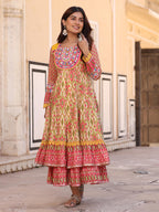 Juniper Women's Green Cotton Ikat Printed Layered Maxi Dress With Thread Embroidery & Dori Tassel Tie-Up At Waist - Distacart