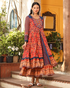Juniper Rust Cotton Ikat Printed Layered Maxi Dress With Thread Embroidery & Dori Tassel Tie-Up At Waist - Distacart