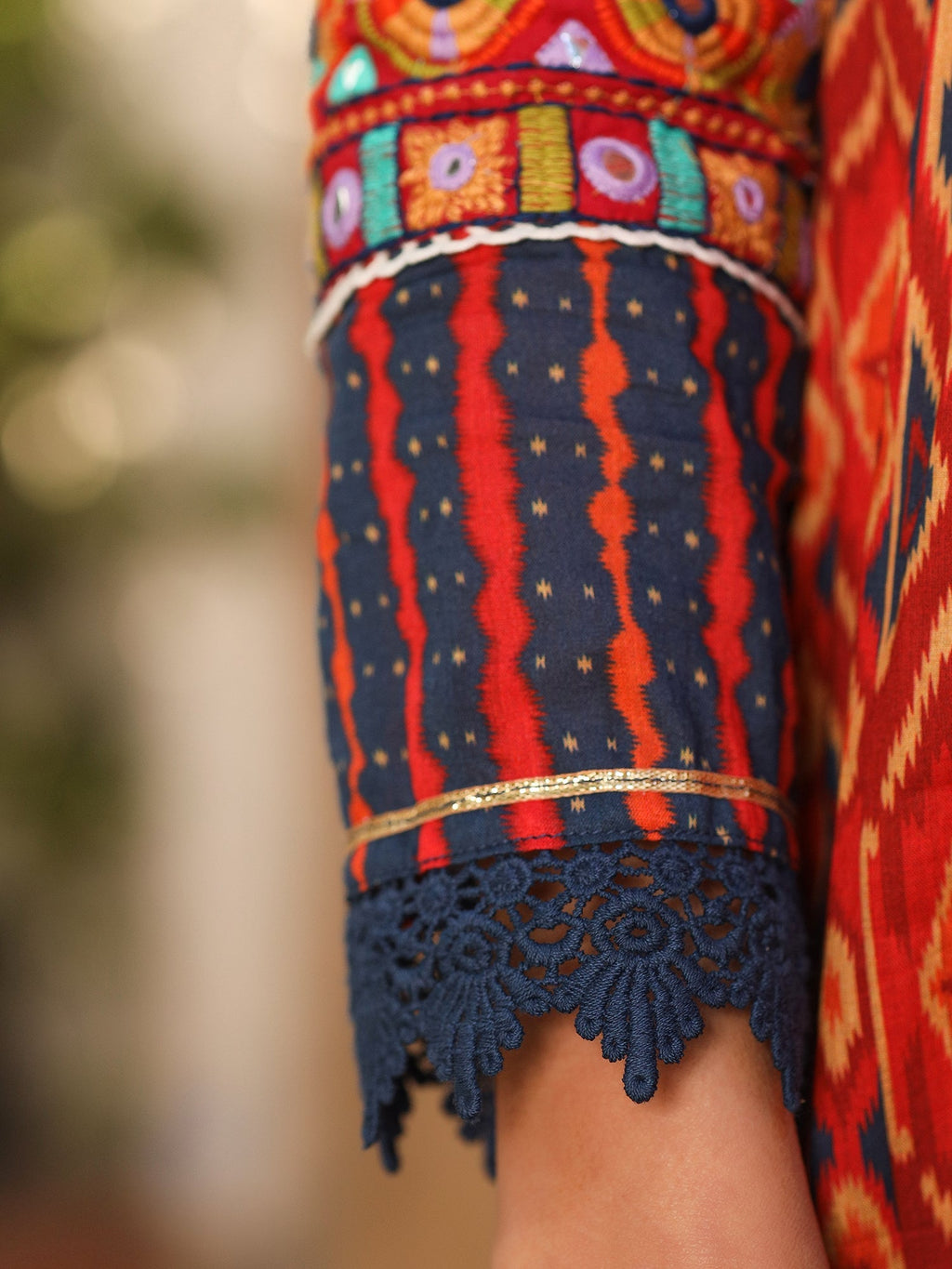 Juniper Rust Cotton Ikat Printed Layered Maxi Dress With Thread Embroidery & Dori Tassel Tie-Up At Waist - Distacart