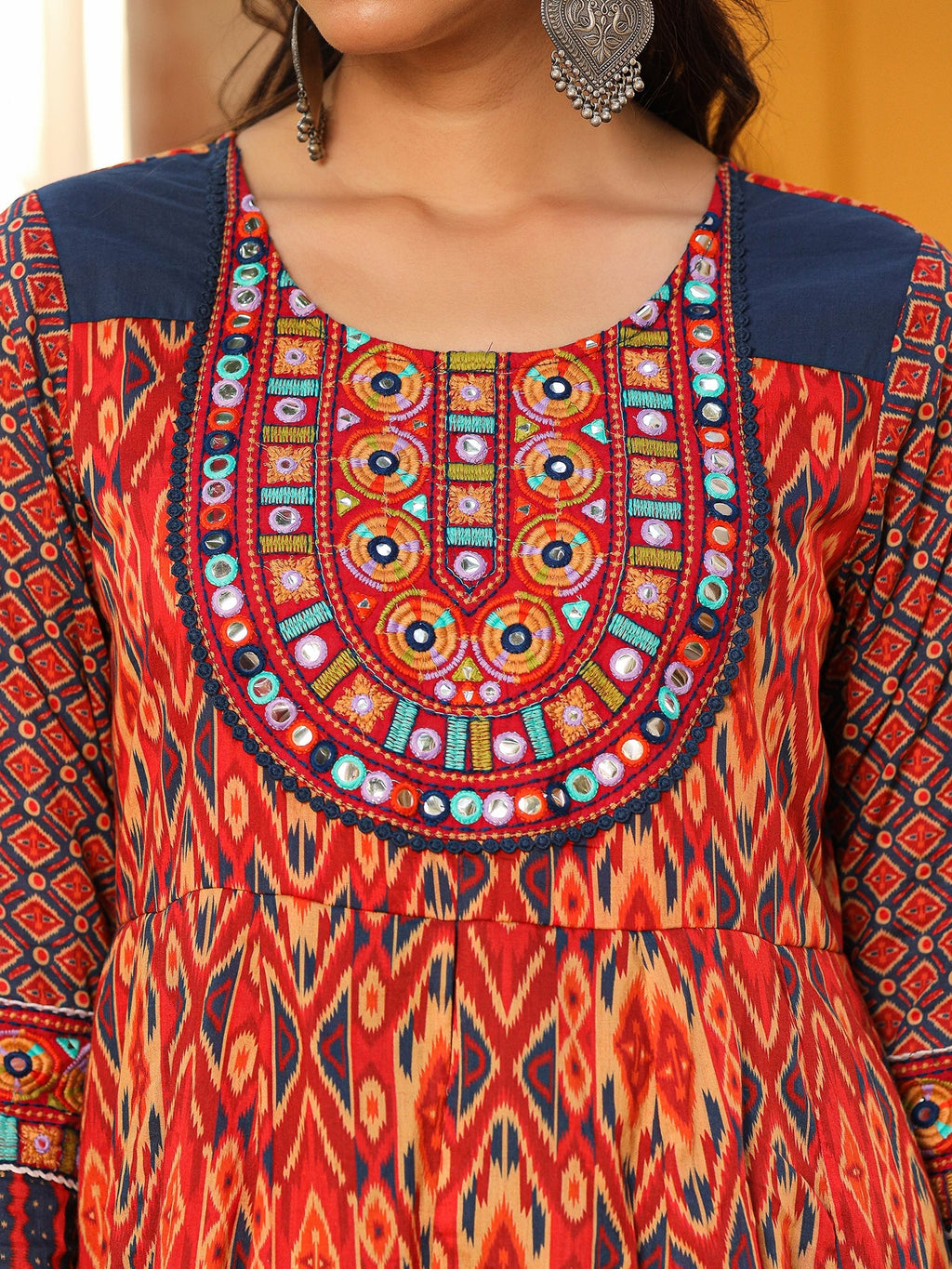 Juniper Rust Cotton Ikat Printed Layered Maxi Dress With Thread Embroidery & Dori Tassel Tie-Up At Waist - Distacart