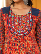 Juniper Rust Cotton Ikat Printed Layered Maxi Dress With Thread Embroidery & Dori Tassel Tie-Up At Waist - Distacart