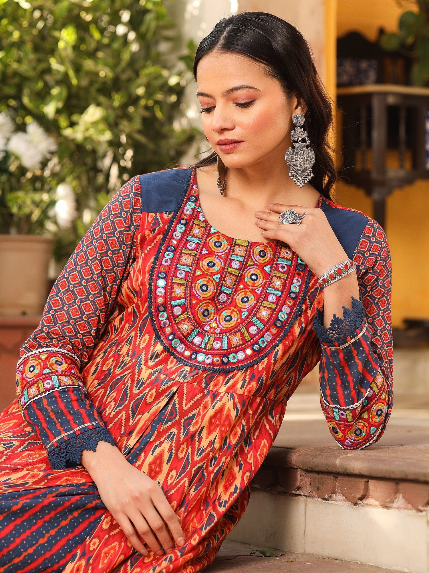 Juniper Rust Cotton Ikat Printed Layered Maxi Dress With Thread Embroidery & Dori Tassel Tie-Up At Waist - Distacart