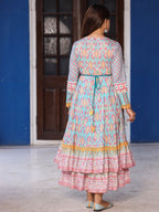 Juniper Women Ikat Printed & Embroidered Sky Blue Cotton Voile Layered Maxi Dress - Distacart