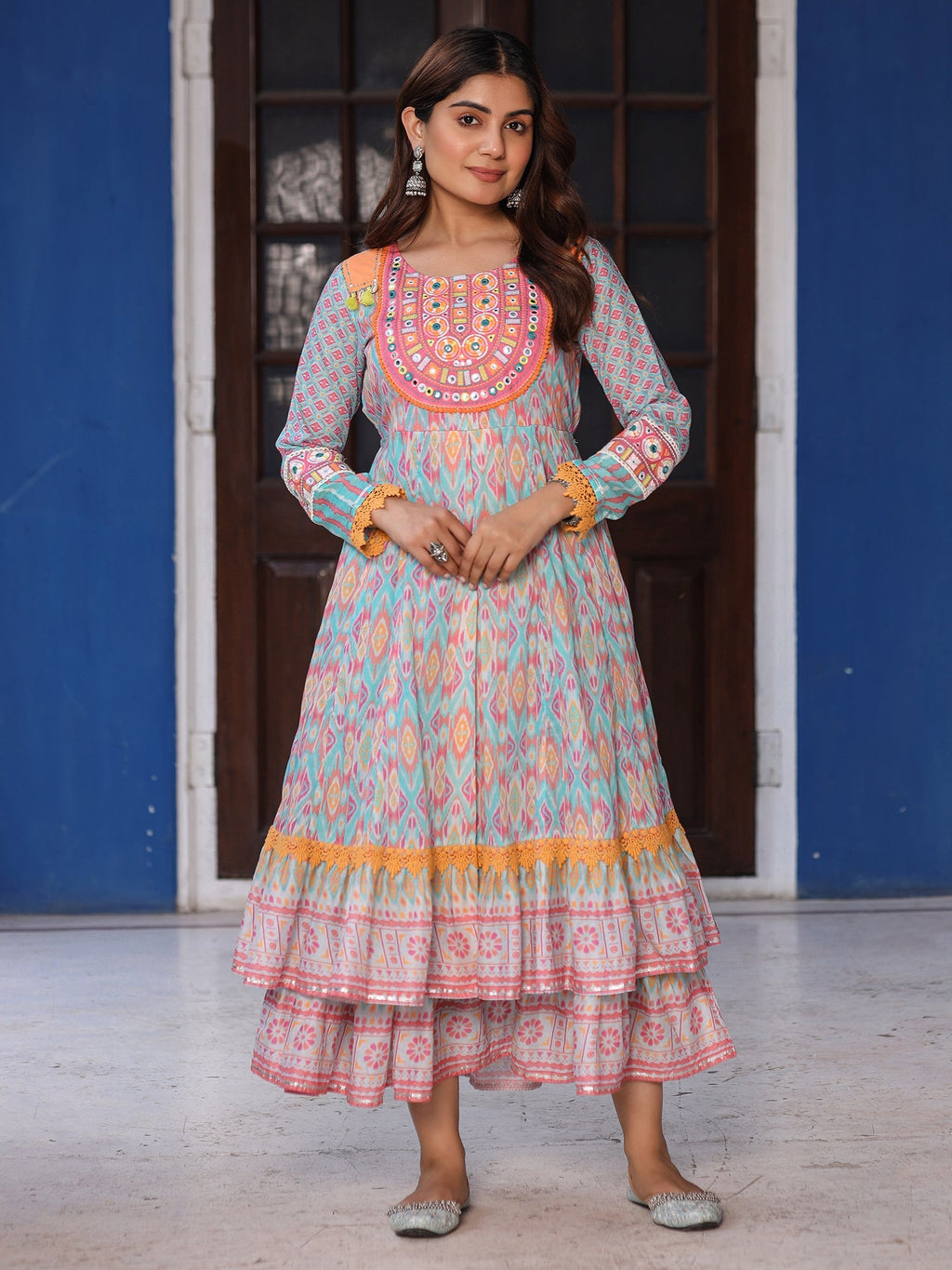 Juniper Women Ikat Printed & Embroidered Sky Blue Cotton Voile Layered Maxi Dress - Distacart