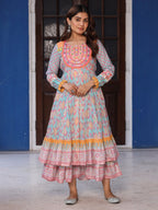Juniper Women Ikat Printed & Embroidered Sky Blue Cotton Voile Layered Maxi Dress - Distacart