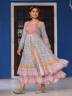 Juniper Women Ikat Printed & Embroidered Sky Blue Cotton Voile Layered Maxi Dress - Distacart