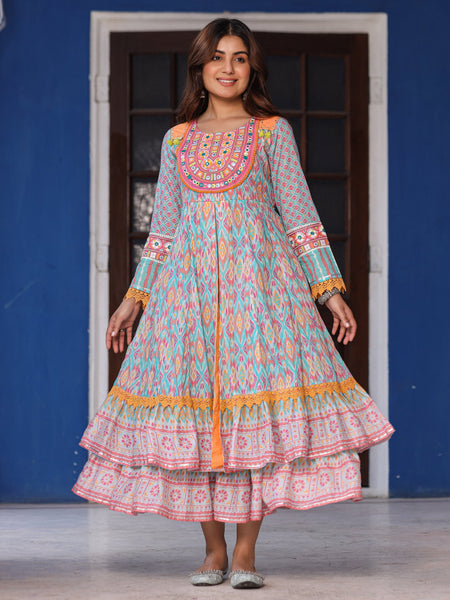 Juniper Women Ikat Printed & Embroidered Sky Blue Cotton Voile Layered Maxi Dress