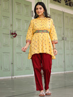 Juniper Women's Mustard Floral Printed Cotton Voile Tunic With Lace Work