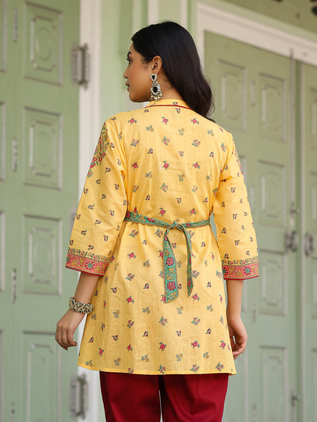 Juniper Women's Mustard Floral Printed Cotton Voile Tunic With Lace Work