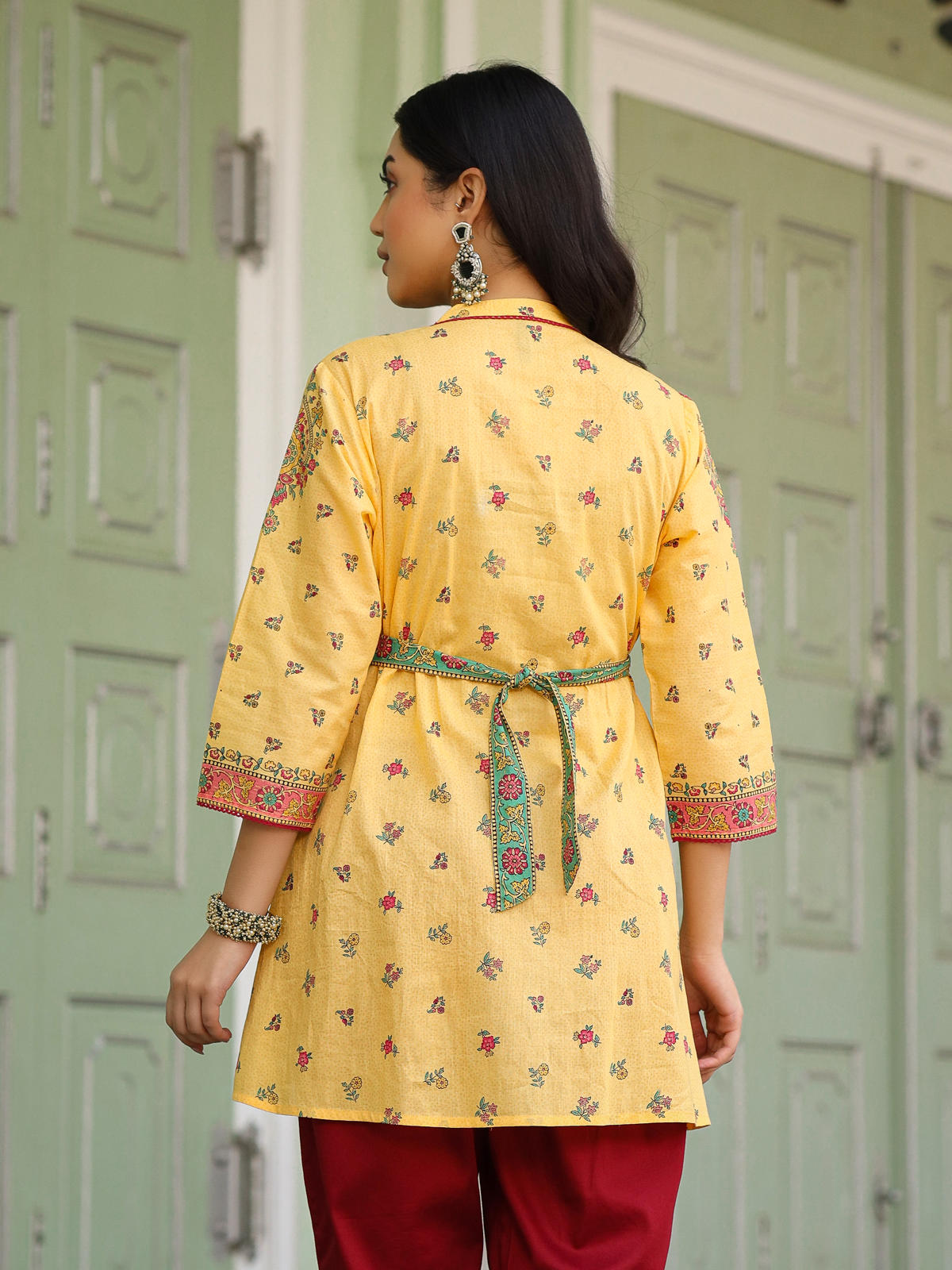 Juniper Women's Mustard Floral Printed Cotton Voile Tunic With Lace Work