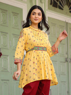 Juniper Women's Mustard Floral Printed Cotton Voile Tunic With Lace Work
