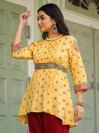 Juniper Women's Mustard Floral Printed Cotton Voile Tunic With Lace Work