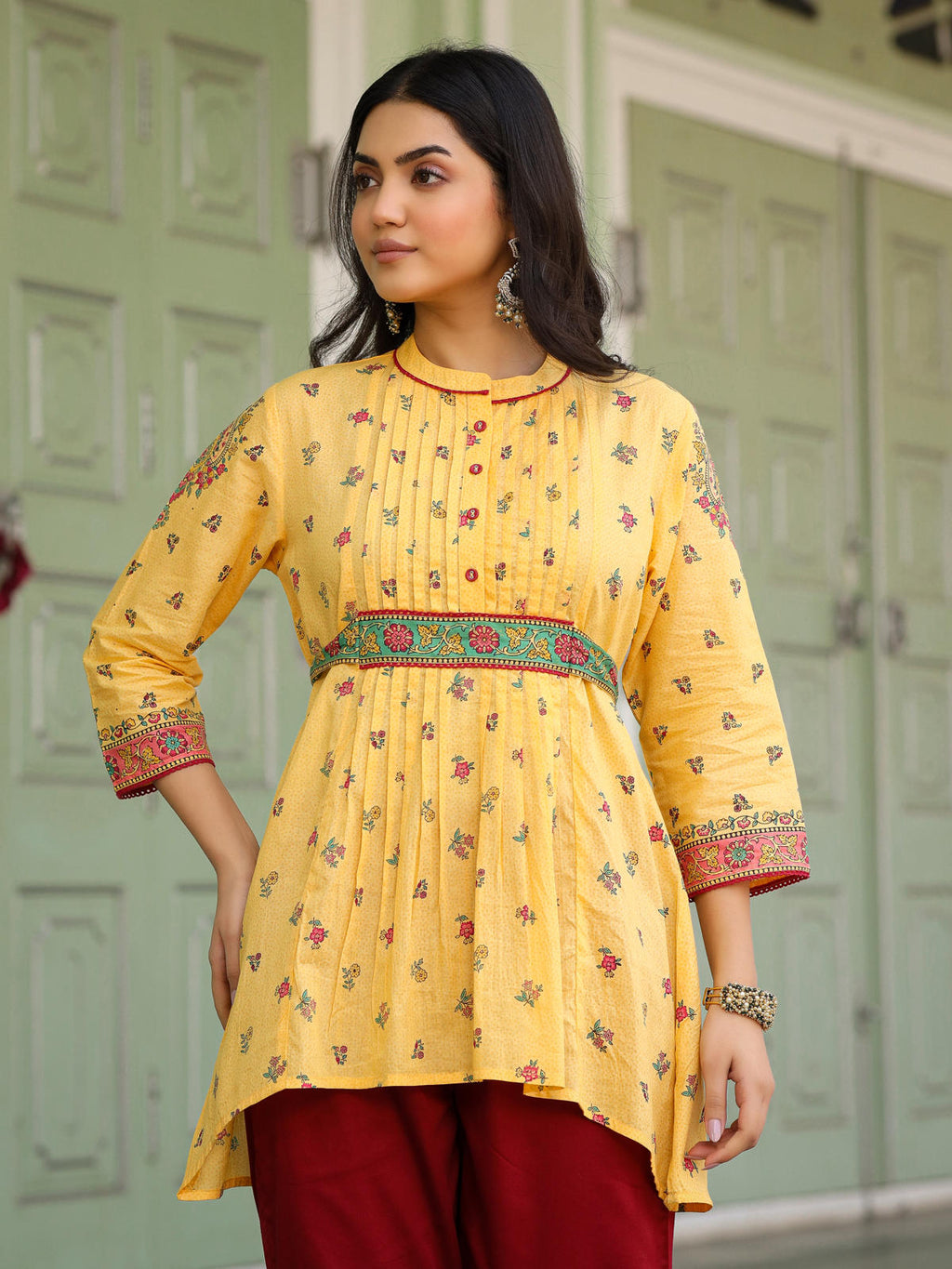 Juniper Women's Mustard Floral Printed Cotton Voile Tunic With Lace Work