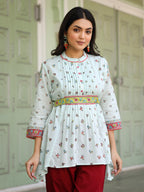 Juniper Women's Women Sky Blue Cotton Floral Printed Lacy Peplum Tunic With Tie-Up At Back