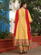 Juniper Mustard Cotton Floral Printed Anarkali Kurta With Pants And Dupatta Set With Sequins & Beadwork - Distacart