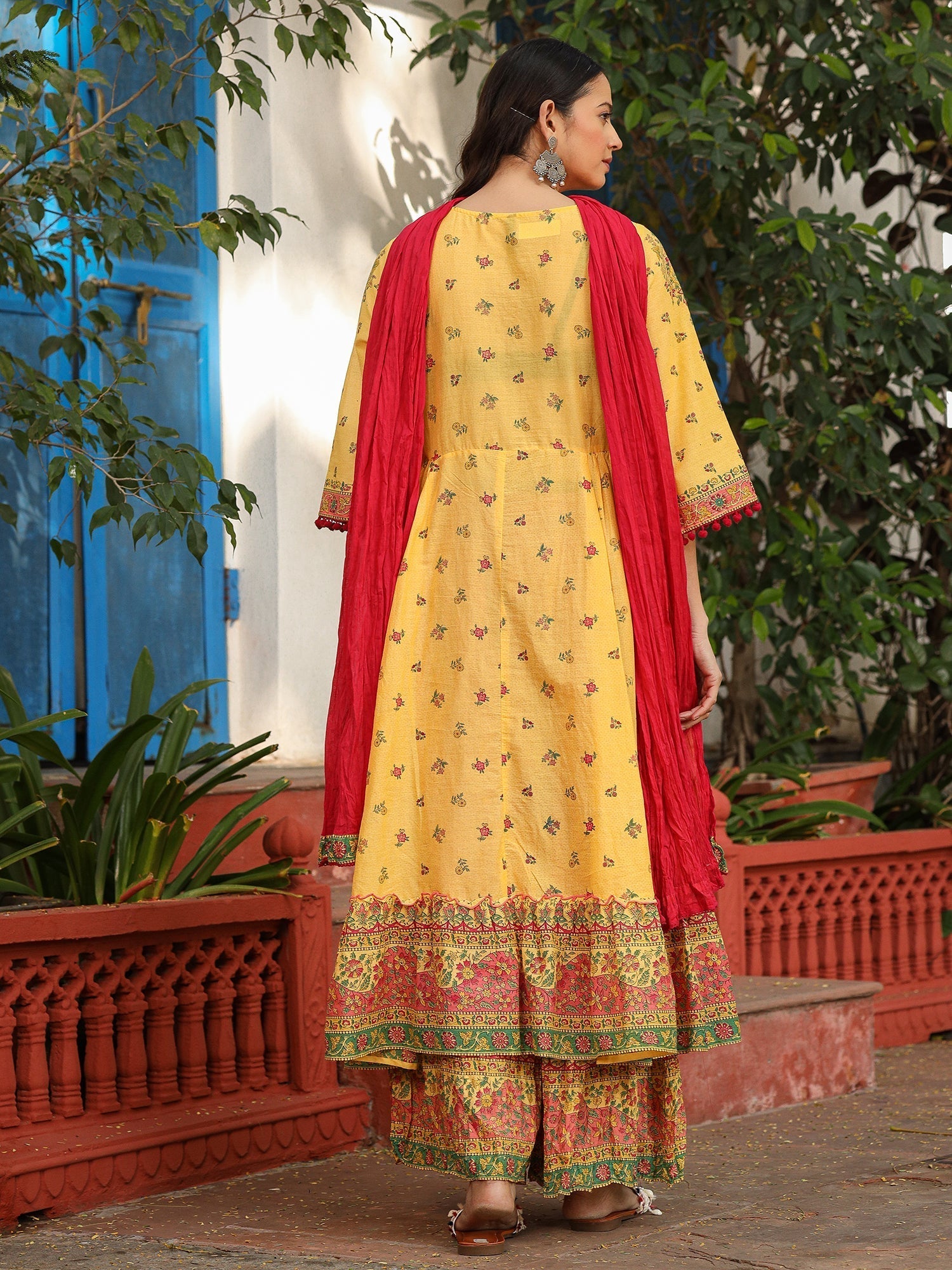 Juniper Mustard Cotton Floral Printed Anarkali Kurta With Pants And Dupatta Set With Sequins & Beadwork - Distacart