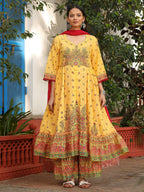 Juniper Mustard Cotton Floral Printed Anarkali Kurta With Pants And Dupatta Set With Sequins & Beadwork - Distacart