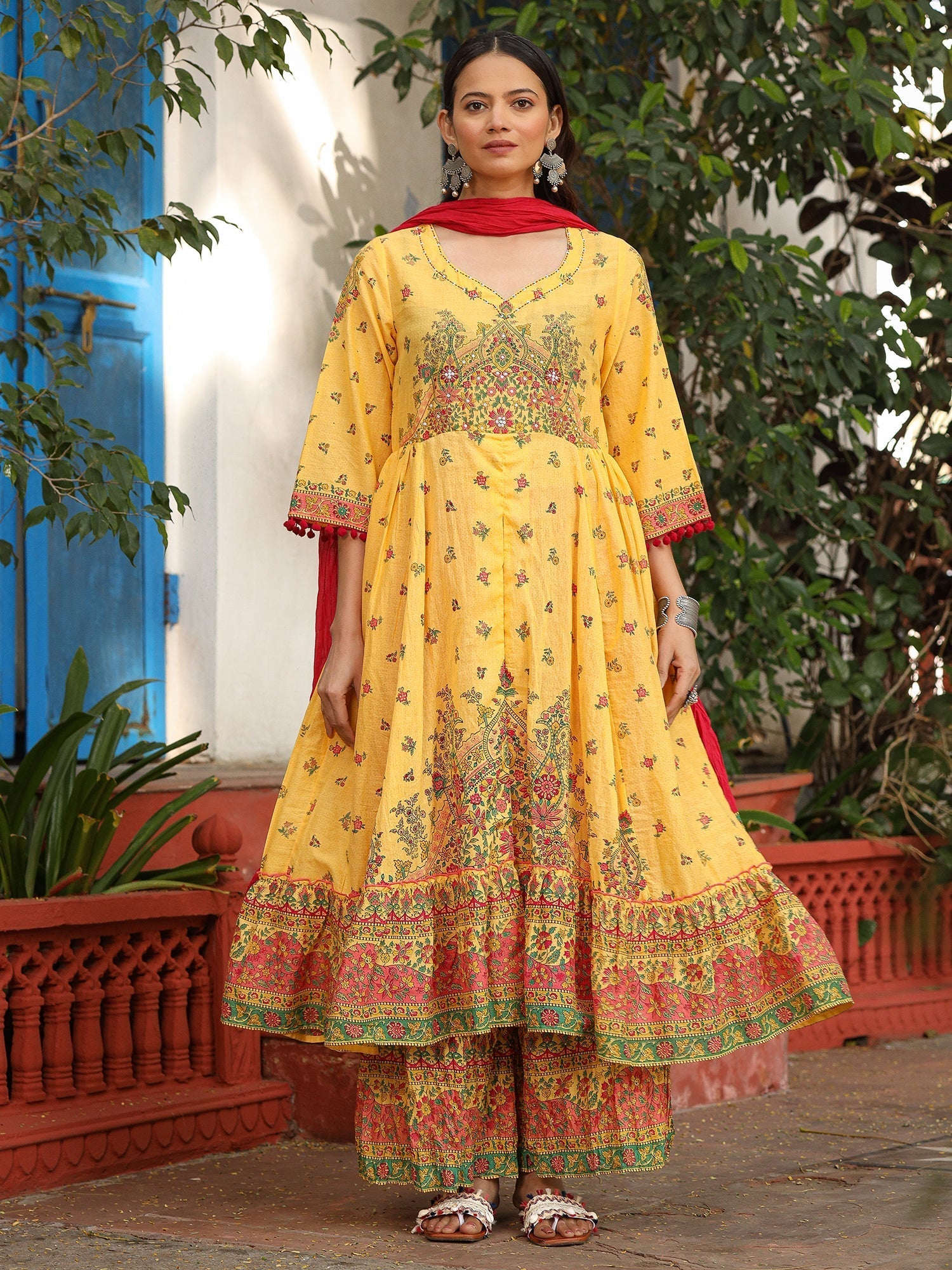 Juniper Mustard Cotton Floral Printed Anarkali Kurta With Pants And Dupatta Set With Sequins & Beadwork - Distacart