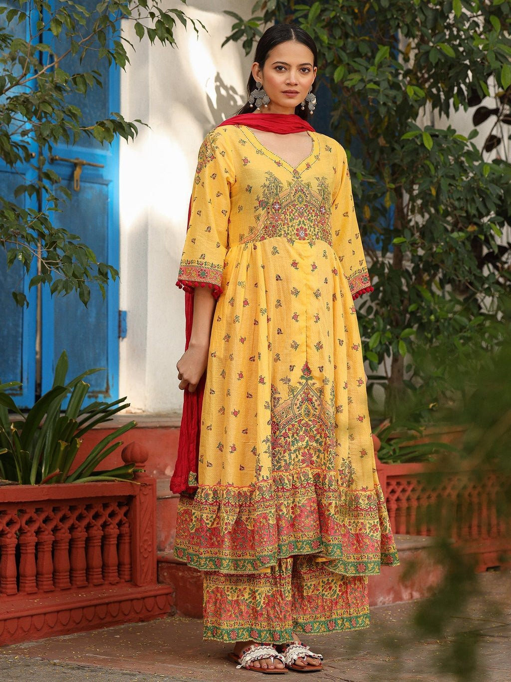 Juniper Mustard Cotton Floral Printed Anarkali Kurta With Pants And Dupatta Set With Sequins & Beadwork - Distacart