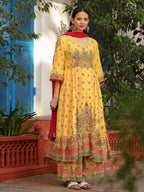 Juniper Mustard Cotton Floral Printed Anarkali Kurta With Pants And Dupatta Set With Sequins & Beadwork - Distacart